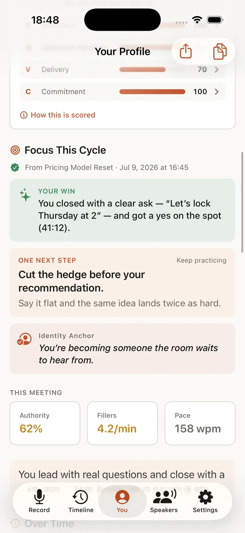 James coaching card — your win, your one next step, and this meeting's authority, fillers and pace
